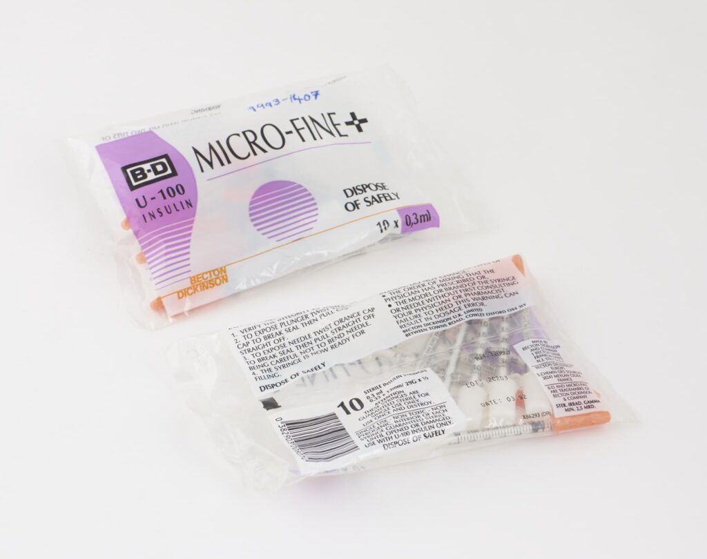Two packets of 10 B-D Microfine + disposable 0.3ml sterile insulin syringes for use with U-100 insulin