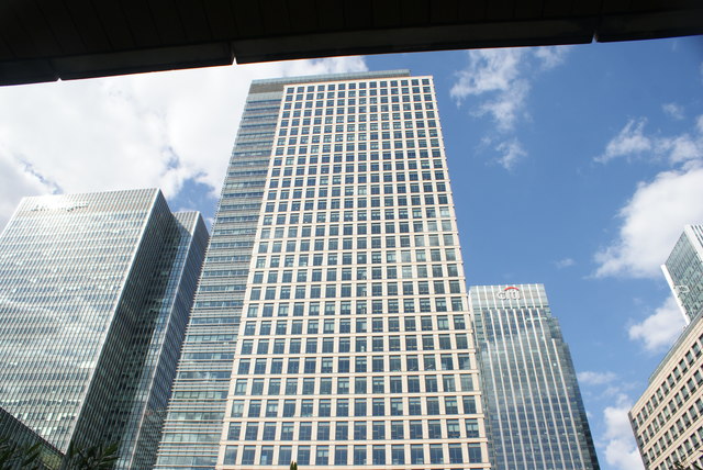 View of the building next to the J. P. Morgan building from Canary Wharf
