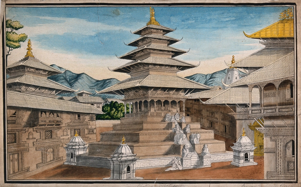 Nepal: Nyatapole temple Bhaktapur. Watercolour